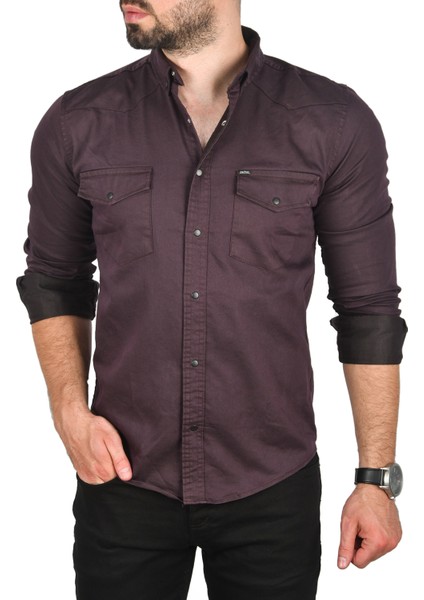 Erkek Mürdüm Slim Fit Pamuklu Cepli Kot Gömlek Çıtçıtlı Uzun Kollu Spor Gömlek 2502503