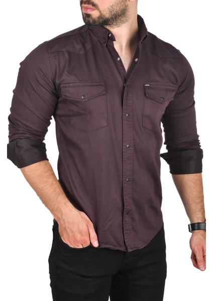 Erkek Mürdüm Slim Fit Pamuklu Cepli Kot Gömlek Çıtçıtlı Uzun Kollu Spor Gömlek 2502503 fiyatları