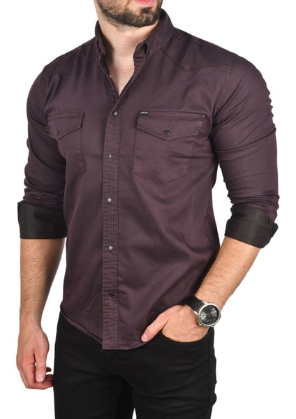 Erkek Mürdüm Slim Fit Pamuklu Cepli Kot Gömlek Çıtçıtlı Uzun Kollu Spor Gömlek 2502503 fırsatları