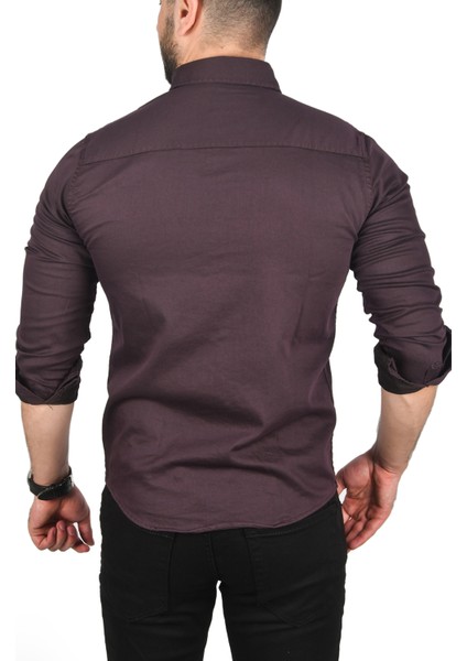 Erkek Mürdüm Slim Fit Pamuklu Cepli Kot Gömlek Çıtçıtlı Uzun Kollu Spor Gömlek 2502503 indirimleri