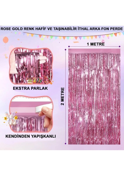 Rose Gold Renk Ekstra Metalize Parlak Saçaklı Arka Fon Perde Ithal A Kalite 1x2 Metre
