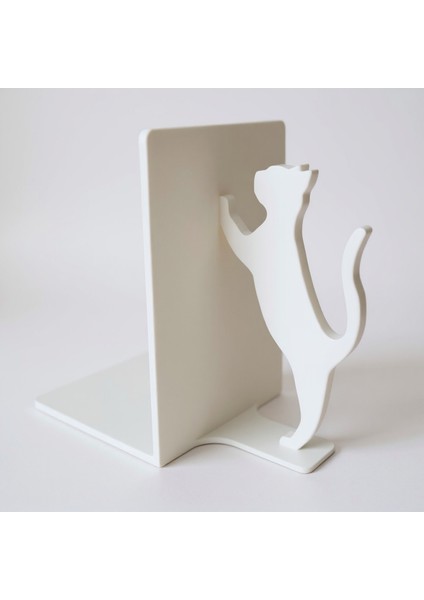 Kedi Figürlü Kitap Tutucu - Dekoratif Kitaplık Düzenleyici Stand | Beyaz