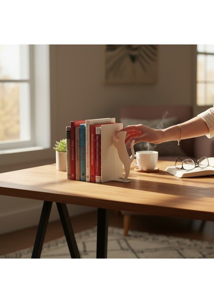 Kedi Figürlü Kitap Tutucu - Dekoratif Kitaplık Düzenleyici Stand | Beyaz modelleri