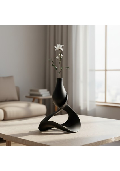 Heykelsi Sarmal (Twist) Siyah Vazo | Minimalist Tek Çiçek Dekoratif Obje