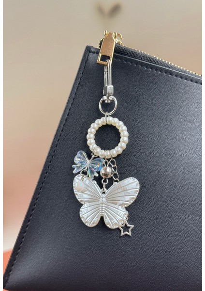 Inci Halkalı Beyaz Kelebek Anahtarlık, Tasarım El Yapımı Çanta Charmı