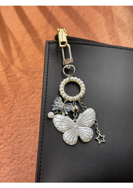 Inci Halkalı Beyaz Kelebek Anahtarlık, Tasarım El Yapımı Çanta Charmı fiyatları