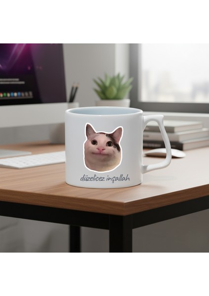 Gülen Kedi-Düzelicez Inşallah Baskılı Porselen Kupa-D Kulplu Kupa-Hediye-Ofis-Motto