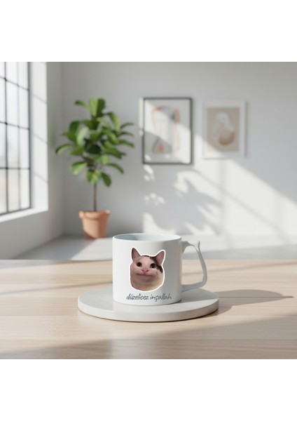 Gülen Kedi-Düzelicez Inşallah Baskılı Porselen Kupa-D Kulplu Kupa-Hediye-Ofis-Motto modelleri