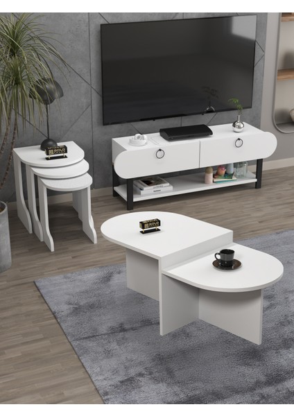 Tv Sehpası Ünitesi Tekli Orta Sehpa 3'Lü Zigon Sehpa Set Üç Ürün Beyaz