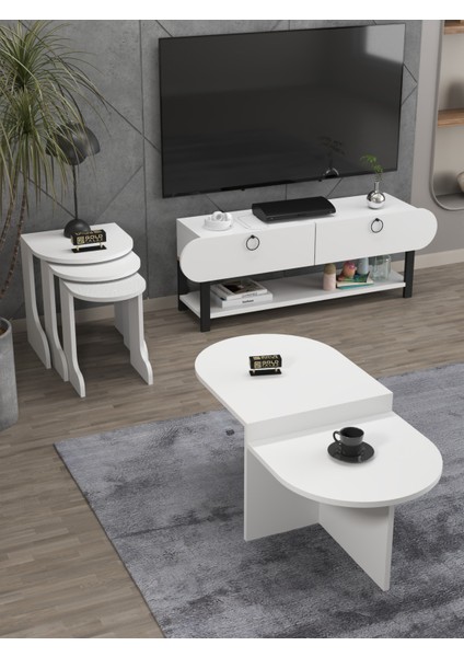 Tv Sehpası Ünitesi Tekli Orta Sehpa 3'Lü Zigon Sehpa Set Üç Ürün Beyaz fiyatları