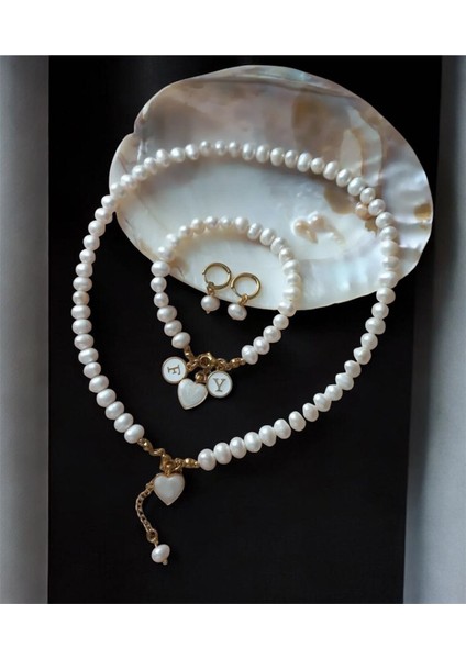 Sertifikalı Gerçek Doğal Inci Kolye Bileklik Küpe Set Harf Charm Paslanmaz Çelik Aparat