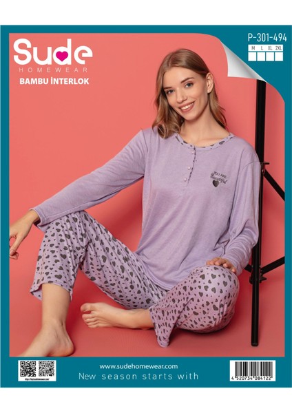 P301 Bayan Bambu Interlok Uzun Kol Pijama Takımı-Lila---