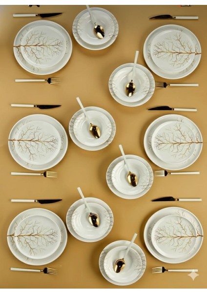 ✨ Şık Gold Dallar Desenli 6 Kişilik Seramik Yemek Takımı – 24 Parça