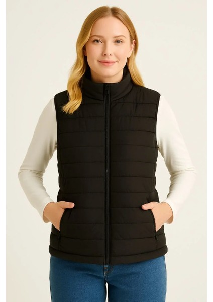 Kadın Şişme Fermuarlı Yelek Su Itici Kapitone Astarlı Kumaş Cepli Hafif Kışlık Spor Rahat Kalıp - Siyah fiyatları