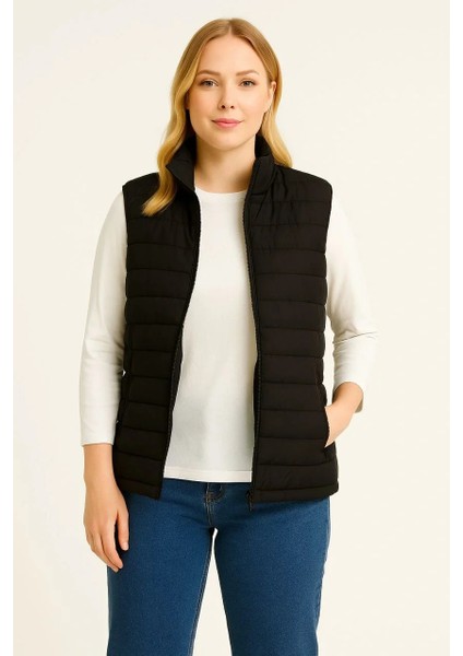 Kadın Şişme Fermuarlı Yelek Su Itici Kapitone Astarlı Kumaş Cepli Hafif Kışlık Spor Rahat Kalıp - Siyah indirimleri