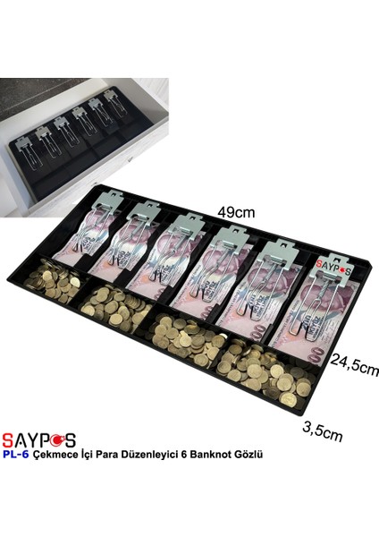 Metal Mandallı Çekmece Içi Para Düzenleyici 6 Banknot Bölmeli Para Çekmecesi Içi 49X24,5X3,5CM fiyatları