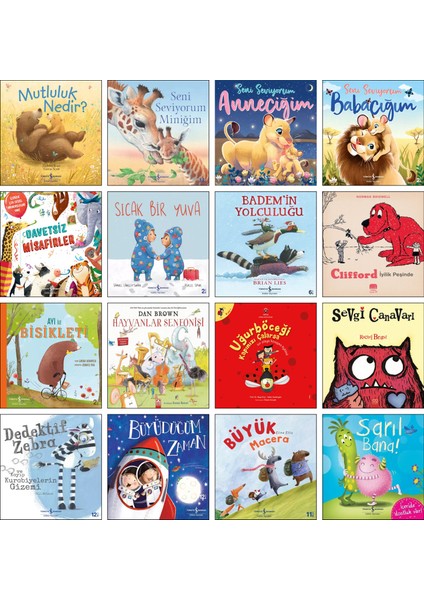 Mutluluk Nedir? + Seni Seviyorum Miniğim + Anneciğim + Babacığım + Clifford Iyilik Peşinde + Hayvanlar Senfonisi + Dedektif Zebra / Okul Öncesi Hikaye Kitapları 16’lı Set