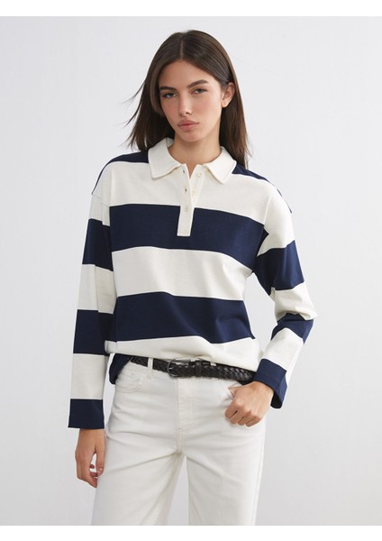 Yeni Sezon Polo Yaka Çizgili Kadın Tişört
