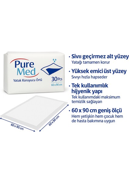 Puremed Yatak Koruyucu Örtü 60X90 cm Tek Kullanımlık Sıvı Geçirmez Hasta Altı Örtüsü indirimleri