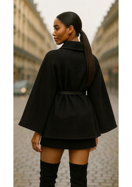 Kadın Oversize Kemerli Kaşe Panço