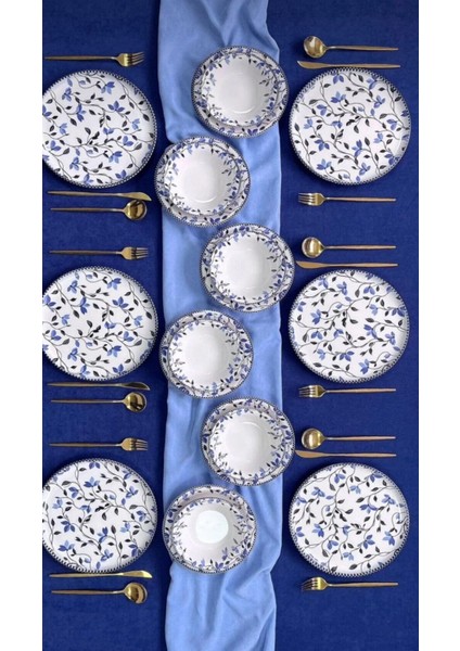 Zarif Mavi Sarmaşık Desenli 24 Parça 6 Kişilik Lüks - Seramik - Yemek Seti fiyatları