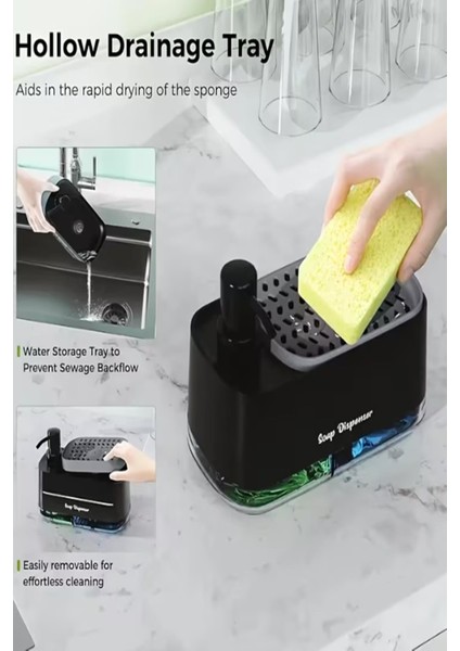 Çift Hazneli Siyah Sıvı Sabunluk ve Otomatik Süngerli El ve Bulaşık Sabunu Seti Mutfak Banyo