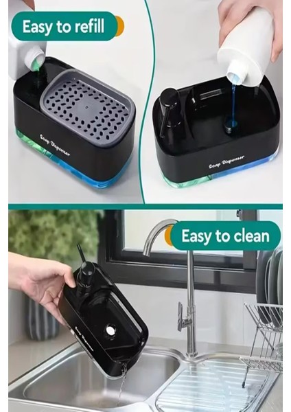 Çift Hazneli Siyah Sıvı Sabunluk ve Otomatik Süngerli El ve Bulaşık Sabunu Seti Mutfak Banyo fırsatları