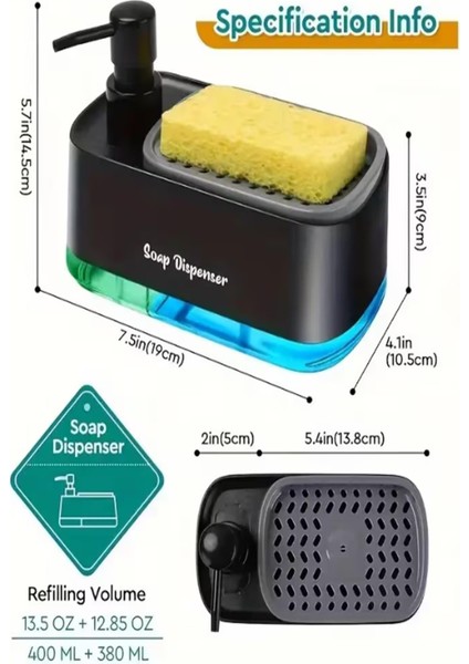 Çift Hazneli Siyah Sıvı Sabunluk ve Otomatik Süngerli El ve Bulaşık Sabunu Seti Mutfak Banyo indirimleri