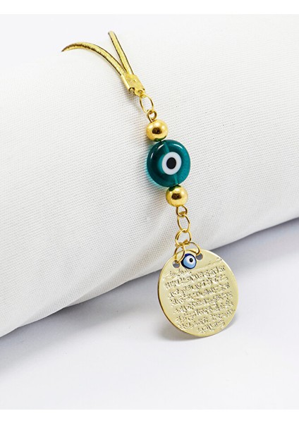 El Yapımı Zümrüt Yeşili Nazarlı Metal Ayetel Kürsi Dualı Dikiz Ayna Süsü, Yeni Araba Hediyesi