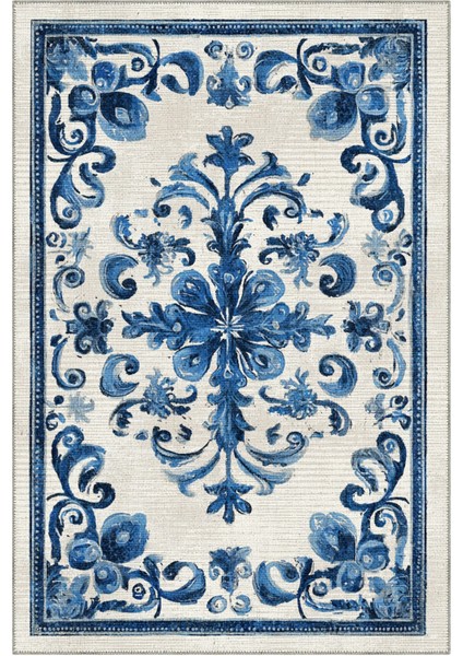 Azule 700 Mavi Beyaz Bleu Blanc Tasarım Halı Yıkanabilir Ince Dokuma Salon Ev Oturma Odası Halısı