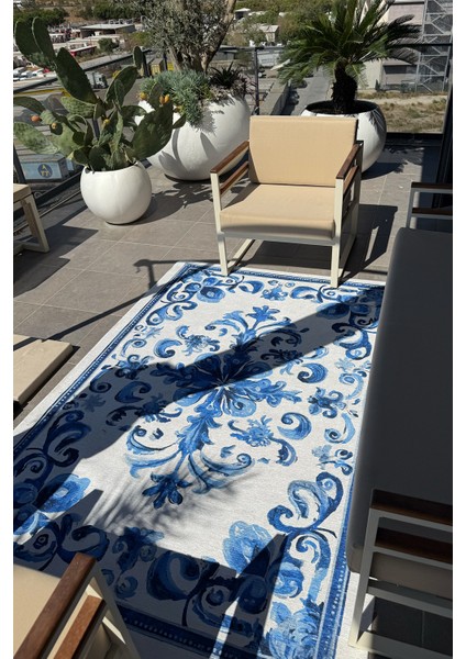 Azule 700 Mavi Beyaz Bleu Blanc Tasarım Halı Yıkanabilir Ince Dokuma Salon Ev Oturma Odası Halısı fiyatları