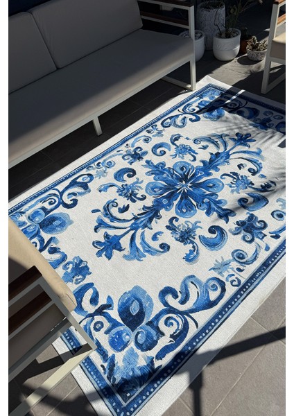 Azule 700 Mavi Beyaz Bleu Blanc Tasarım Halı Yıkanabilir Ince Dokuma Salon Ev Oturma Odası Halısı modelleri