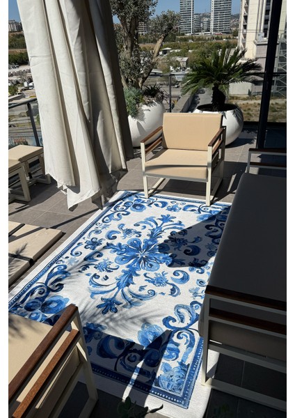 Azule 700 Mavi Beyaz Bleu Blanc Tasarım Halı Yıkanabilir Ince Dokuma Salon Ev Oturma Odası Halısı fırsatları