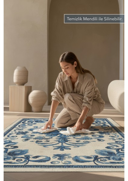 Azule 700 Mavi Beyaz Bleu Blanc Tasarım Halı Yıkanabilir Ince Dokuma Salon Ev Oturma Odası Halısı