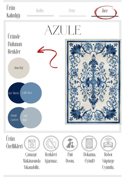 Azule 700 Mavi Beyaz Bleu Blanc Tasarım Halı Yıkanabilir Ince Dokuma Salon Ev Oturma Odası Halısı