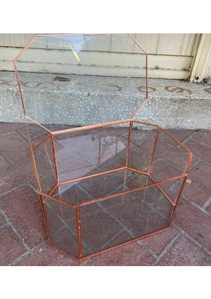 Geometrik Sekizgen Sandık Cam Söz Gelin Damat Nişan Fanusu 35*25*20 cm Büyük Boy
