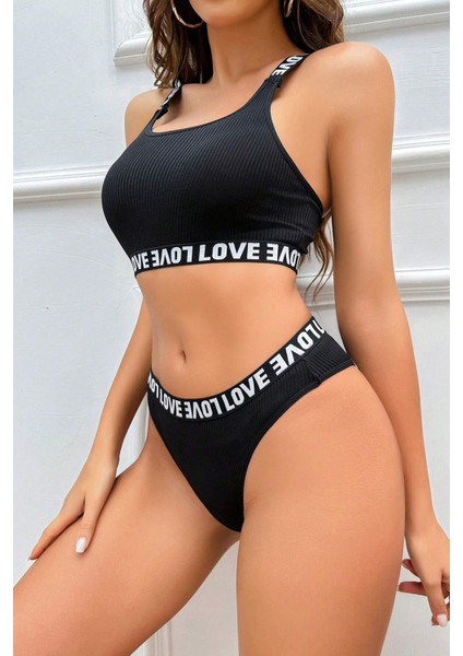 Kadın Siyah Çapraz Sırt ve Love Lastik Detaylı Sütyen Külot Takım indirimleri