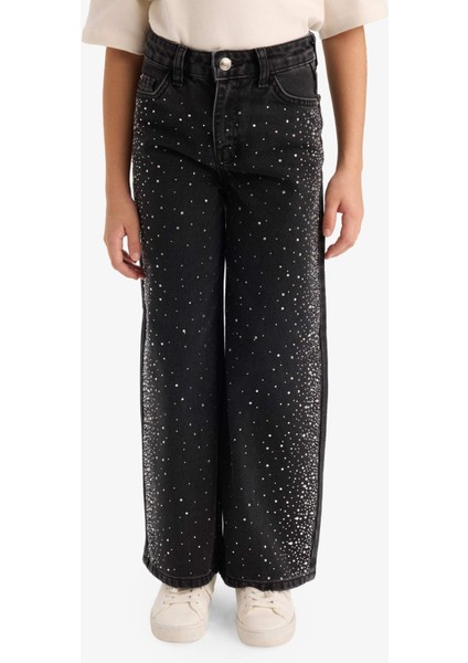 Kız Çocuk Yılbaşı Temalı Düz Paça Taşlı Jean Pantolon G6494A825WN modelleri