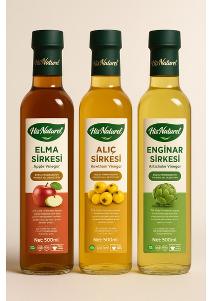 Yıllanmış Elma & Alıç & Enginar Sirkesi Içilebilir Doğal Fermantasyon 500 ml 3 Lü Set