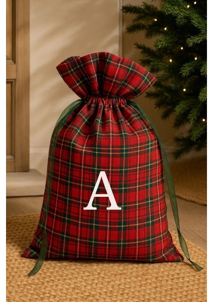 Yılbaşı Kişiselleştirilmiş Harfe Özel Ekose Desenli Büyük Hediye Kesesi 40X60 cm fiyatları