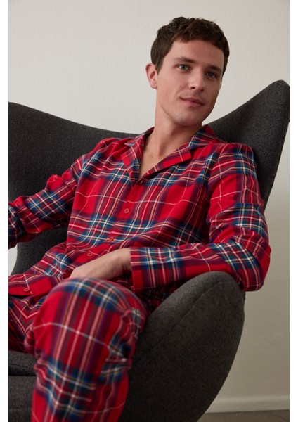 Kırmızı Erkek Ekose Desenli Uzun Kollu Gömlek Pijama Takımı
