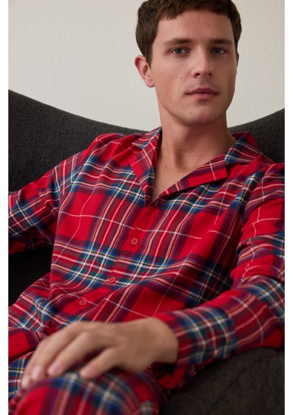 Kırmızı Erkek Ekose Desenli Uzun Kollu Gömlek Pijama Takımı fiyatları