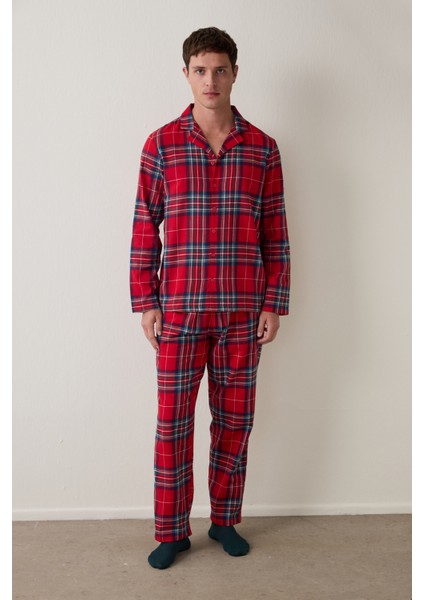 Kırmızı Erkek Ekose Desenli Uzun Kollu Gömlek Pijama Takımı modelleri