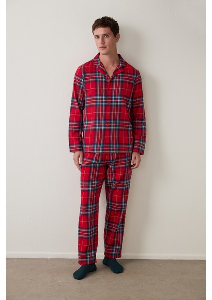 Kırmızı Erkek Ekose Desenli Uzun Kollu Gömlek Pijama Takımı fırsatları