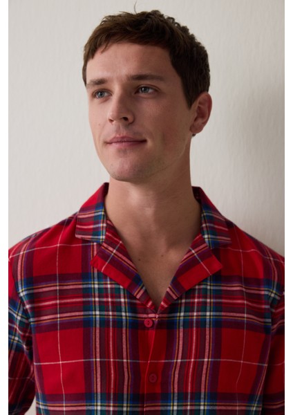 Kırmızı Erkek Ekose Desenli Uzun Kollu Gömlek Pijama Takımı