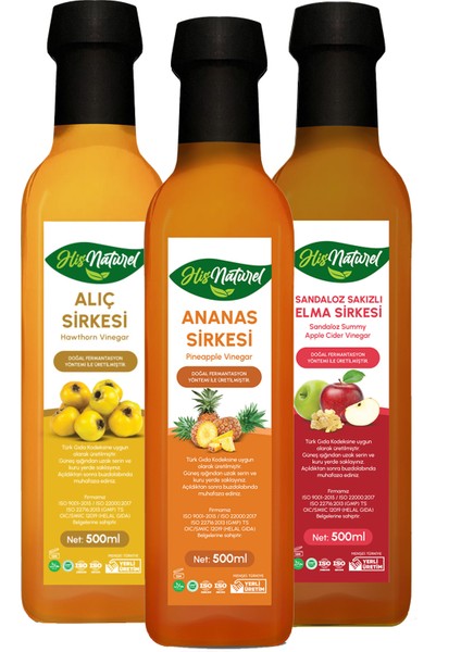 Sandaloz Sakızlı Elma Alıç Ananas Sirkesi Yıllanmış Hızlı Toksin, Içilebilir Doğal 3'lü Set