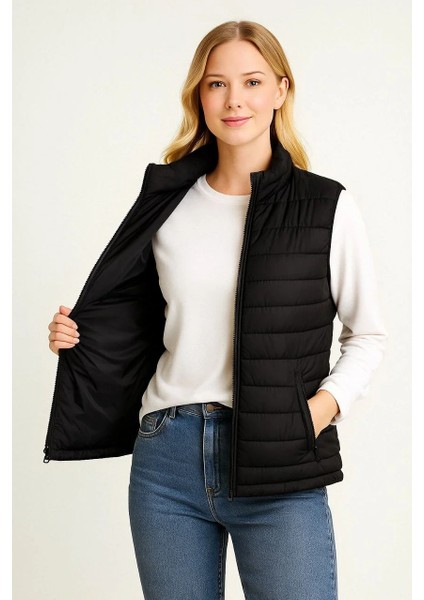 Kadın Şişme Fermuarlı Yelek Su Itici Kapitone Astarlı Kumaş Cepli Hafif Kışlık Spor Rahat Kalıp - Siyah