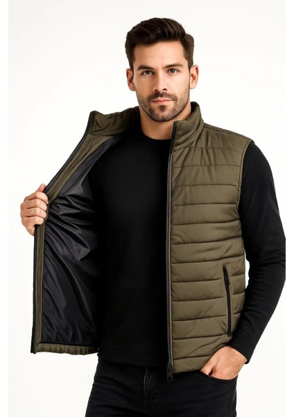 Erkek Şişme Fermuarlı Yelek Su Itici Kapitone Astarlı Kumaş Cepli Hafif Kışlık Spor Rahat Kalıp - Haki