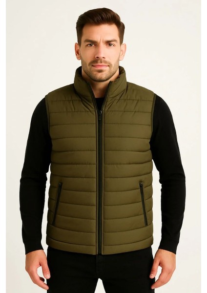 Erkek Şişme Fermuarlı Yelek Su Itici Kapitone Astarlı Kumaş Cepli Hafif Kışlık Spor Rahat Kalıp - Haki fiyatları