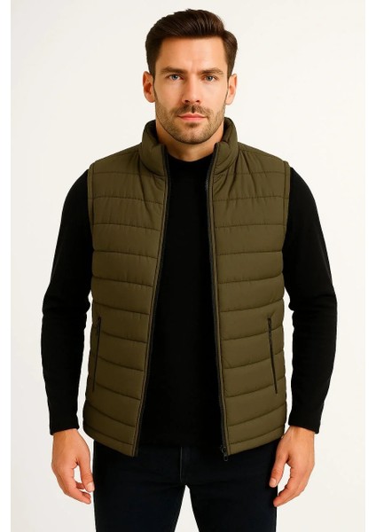 Erkek Şişme Fermuarlı Yelek Su Itici Kapitone Astarlı Kumaş Cepli Hafif Kışlık Spor Rahat Kalıp - Haki modelleri